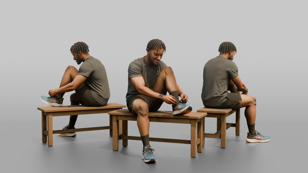 Man Customer Sitting On A Bench Trying On Running Shoes - 3D character model, view 1