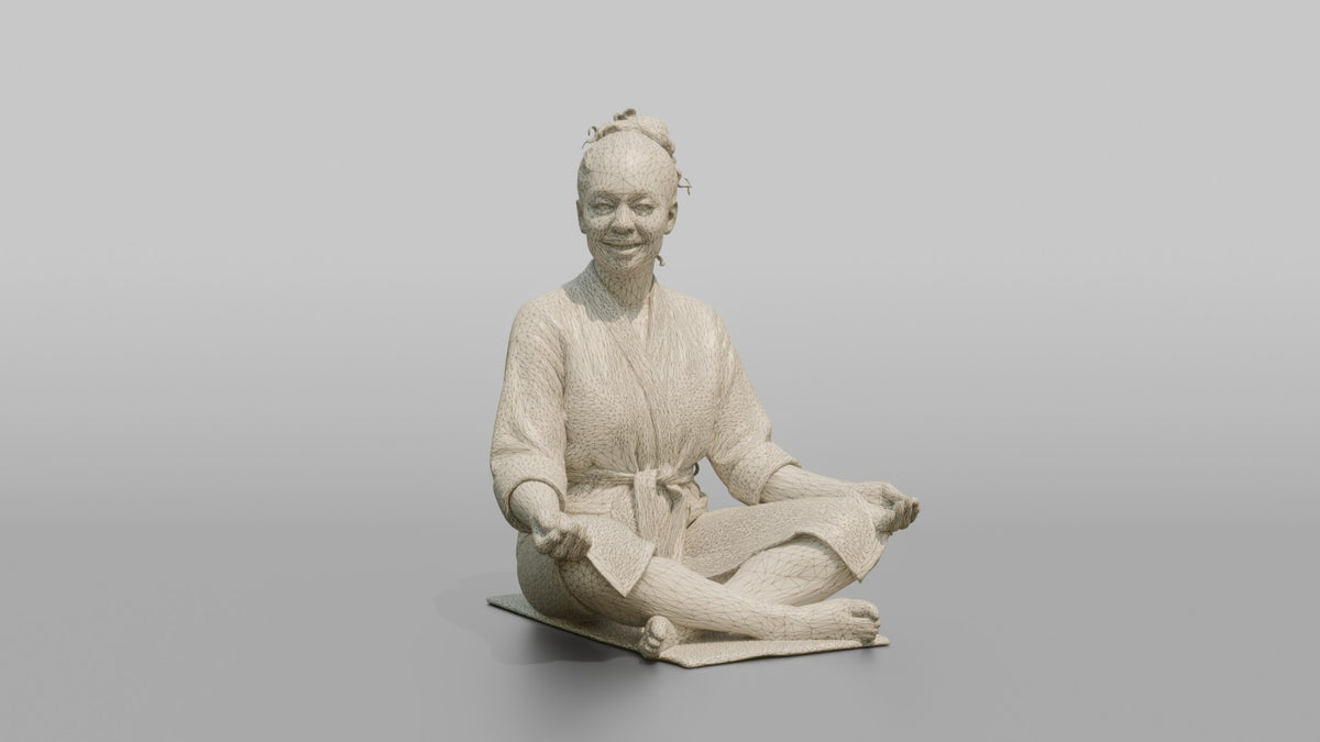 Spa Client Man Sitting Cross-legged On A Mat, Wearing A Spa Robe - wireframe topology preview