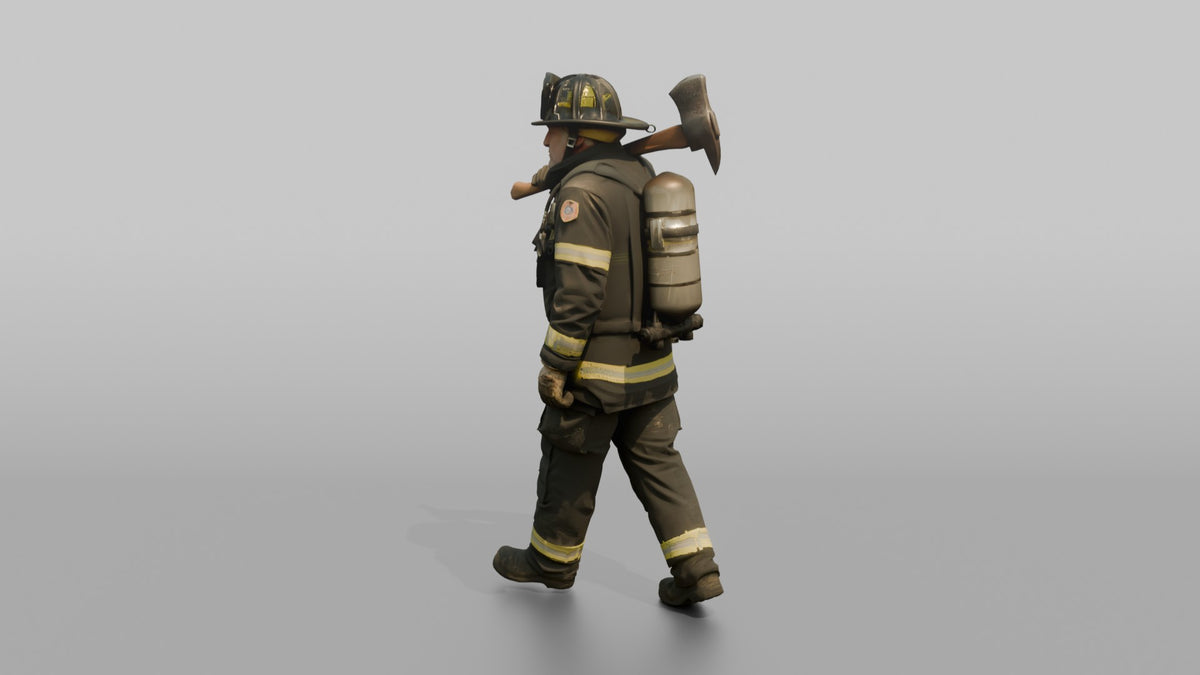 Firefighter Man Carrying a Flathead Axe Across His Shoulder - 3D character model, view 4