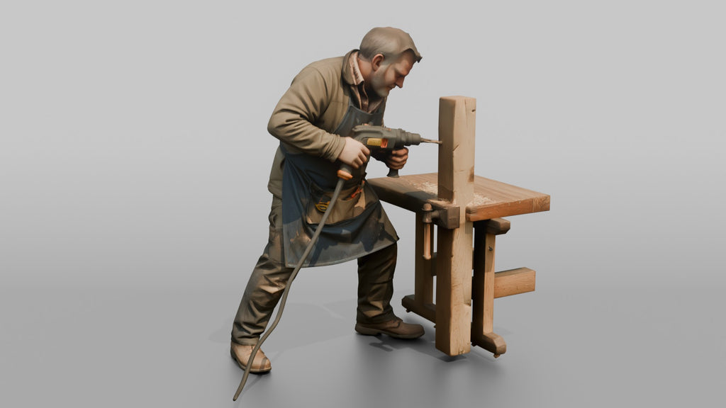 Farmer Drilling Hole Into Fence Timber Post