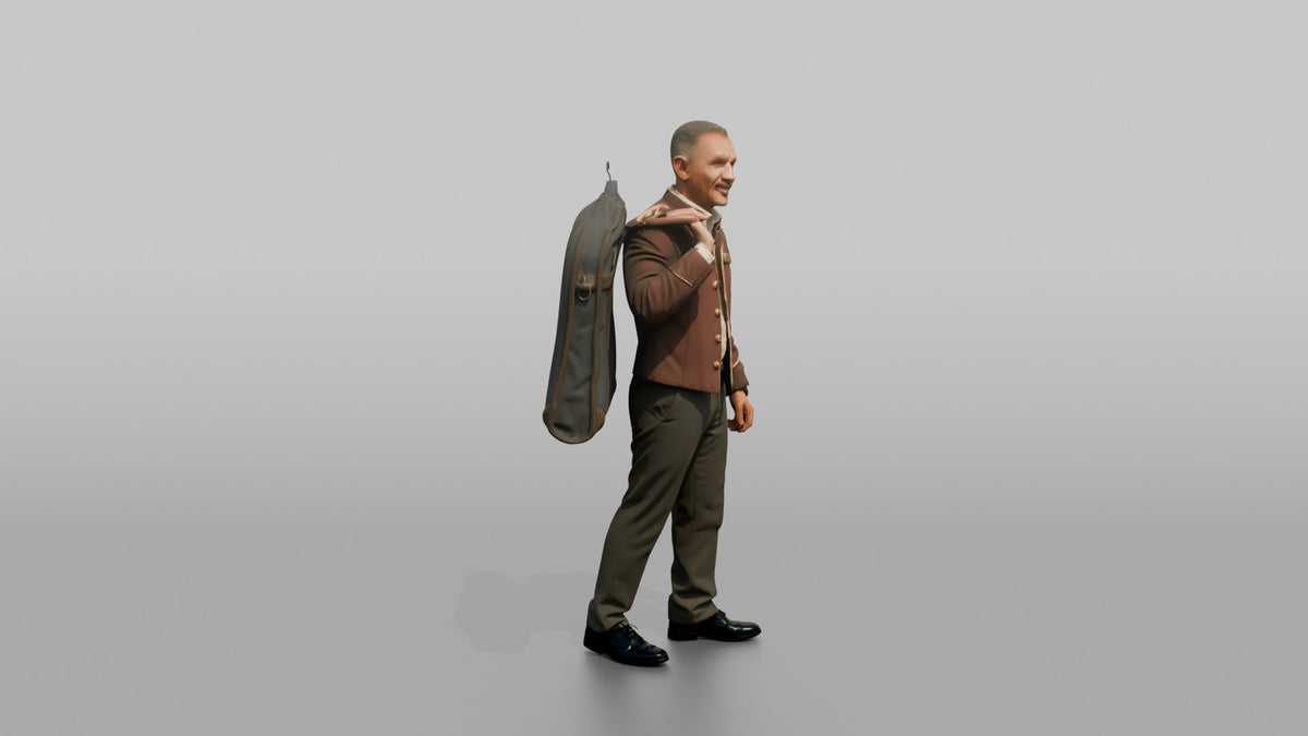 Bellhop Man Carrying A Garment Bag Over One Shoulder - 3D character model, view 2