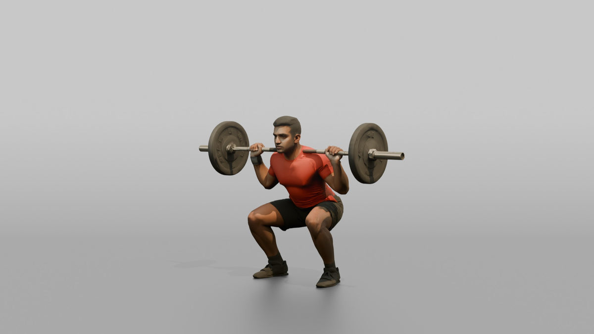 Weightlifter Man Holding A Barbell Across The Shoulders In A Squat Stance - 3D character model, view 4