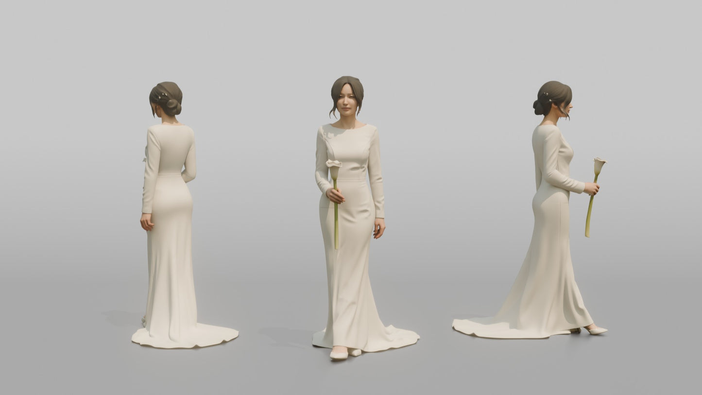 East Asian Bride Holding a Single Calla Lily