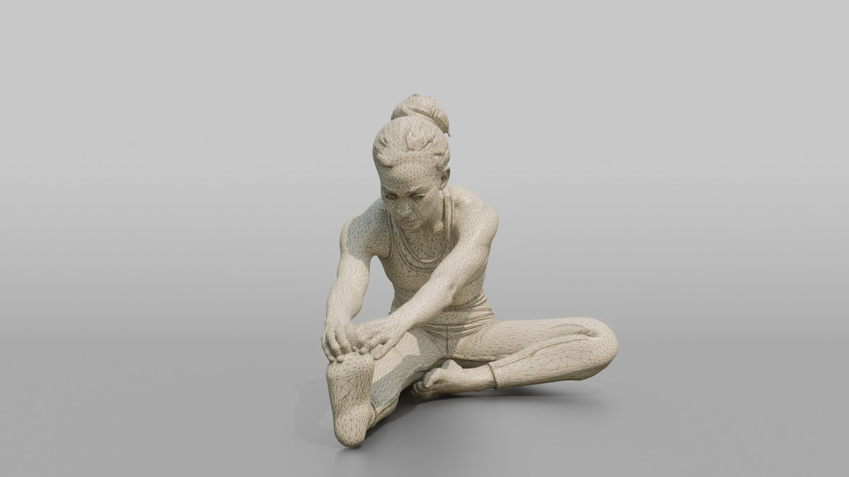 Fitness Influencer Woman Stretching One Leg Forward, Hands Reaching Toward The Foot - wireframe topology preview