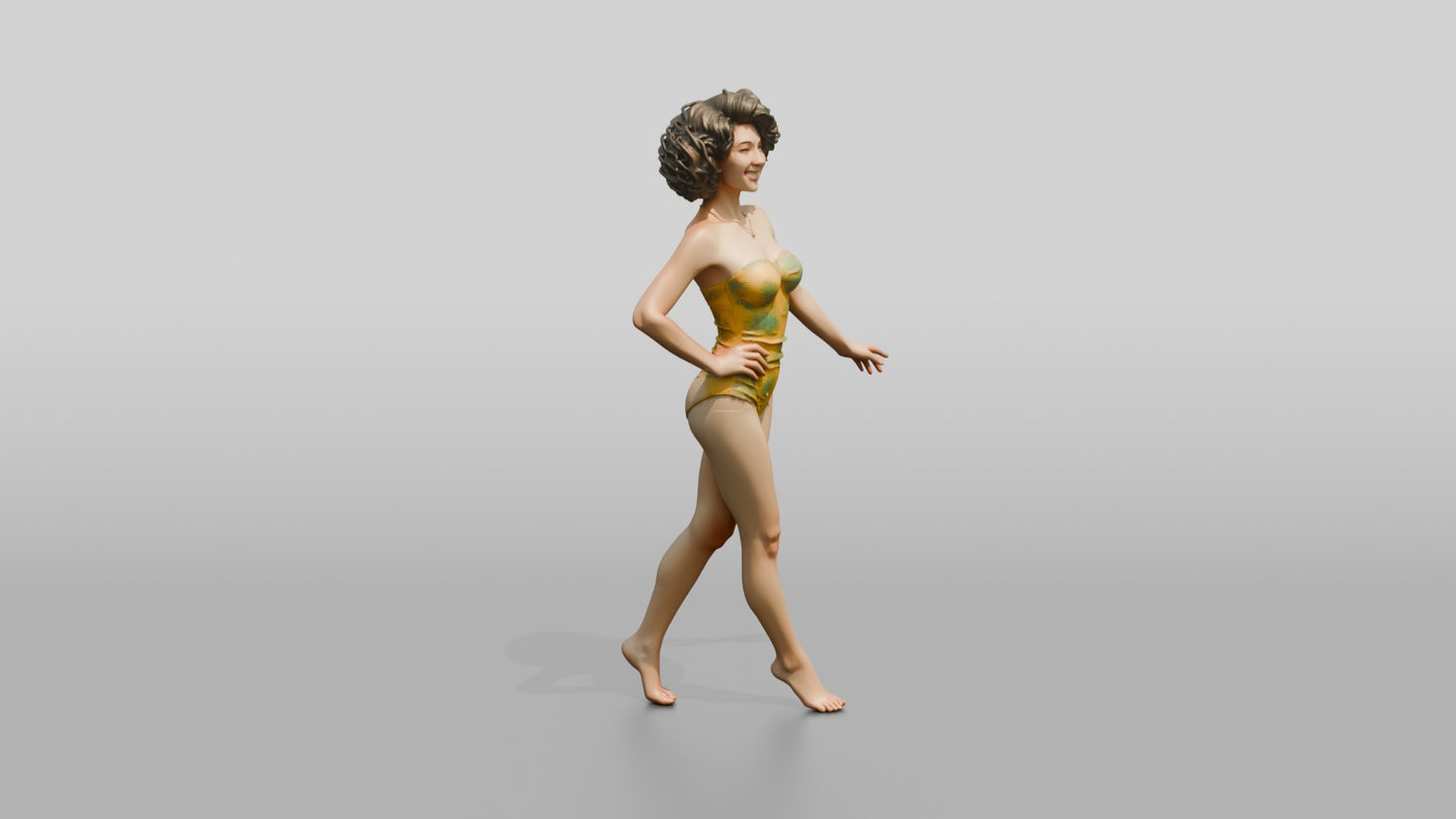 Woman in Gold One-Piece Swimsuit Walking