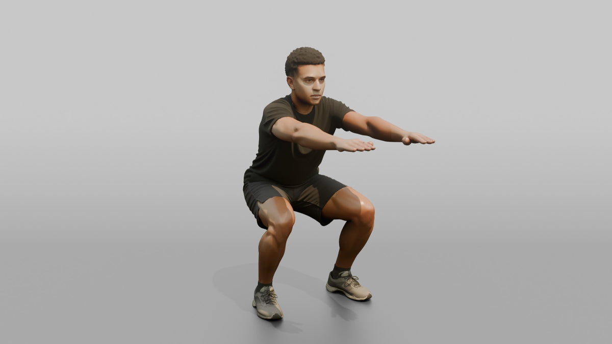 Bodyweight Athlete Man Doing A Bodyweight Squat, Arms Extended Forward - 3D character model, view 5