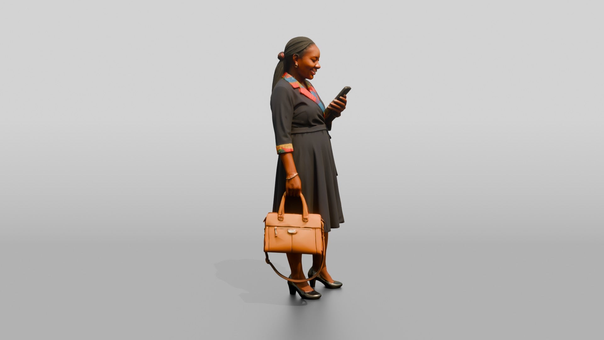 Woman in Wrap Dress with Colorful Print Trim Checking Her Phone