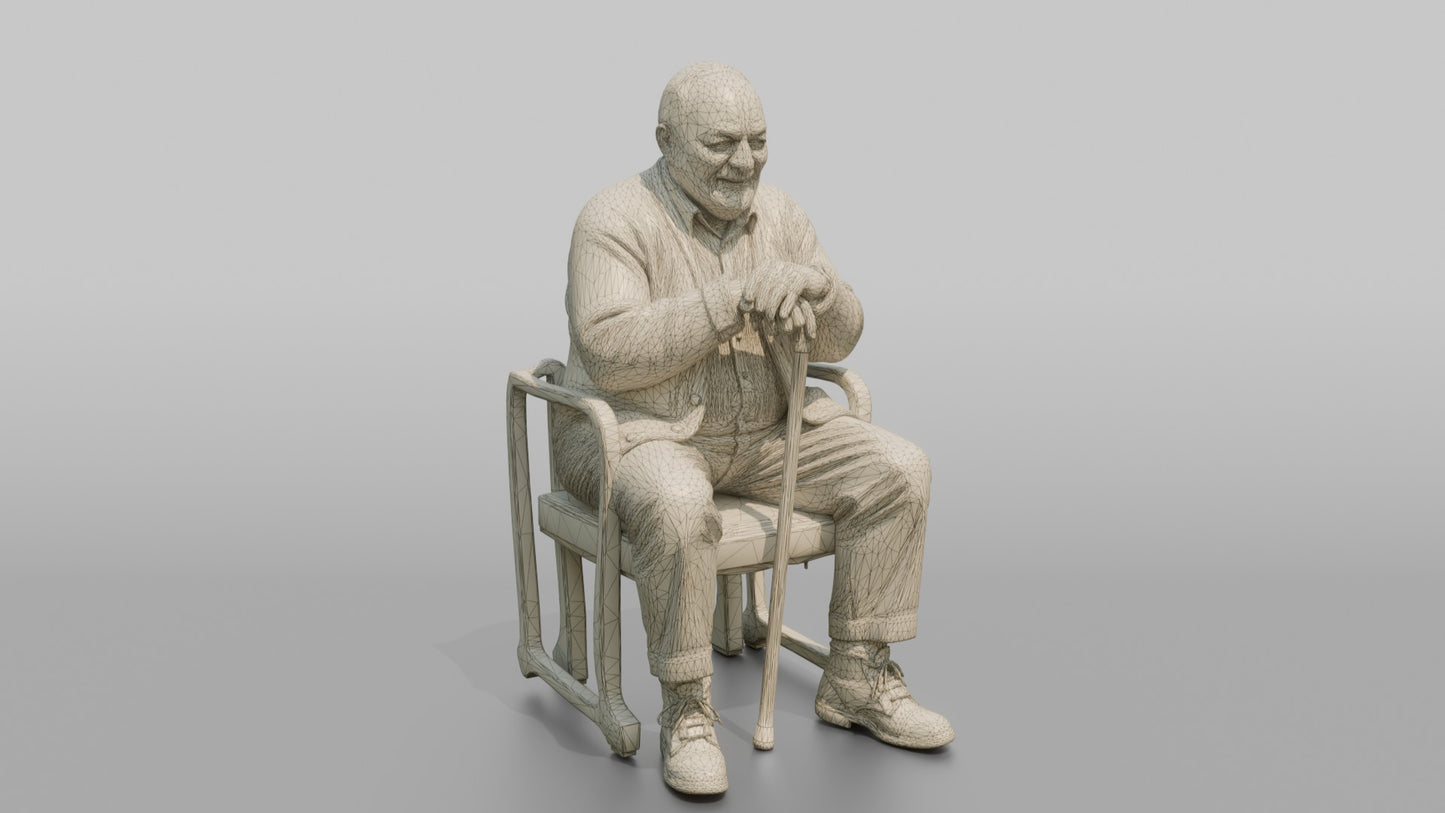 British Man Sitting Upright with a Cane