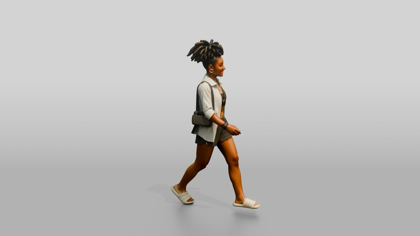 African-American Woman Walking the Boardwalk in Beach Shirt