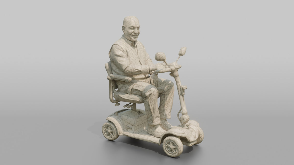 Man Customer Sitting In A Mobility Scooter - wireframe topology preview