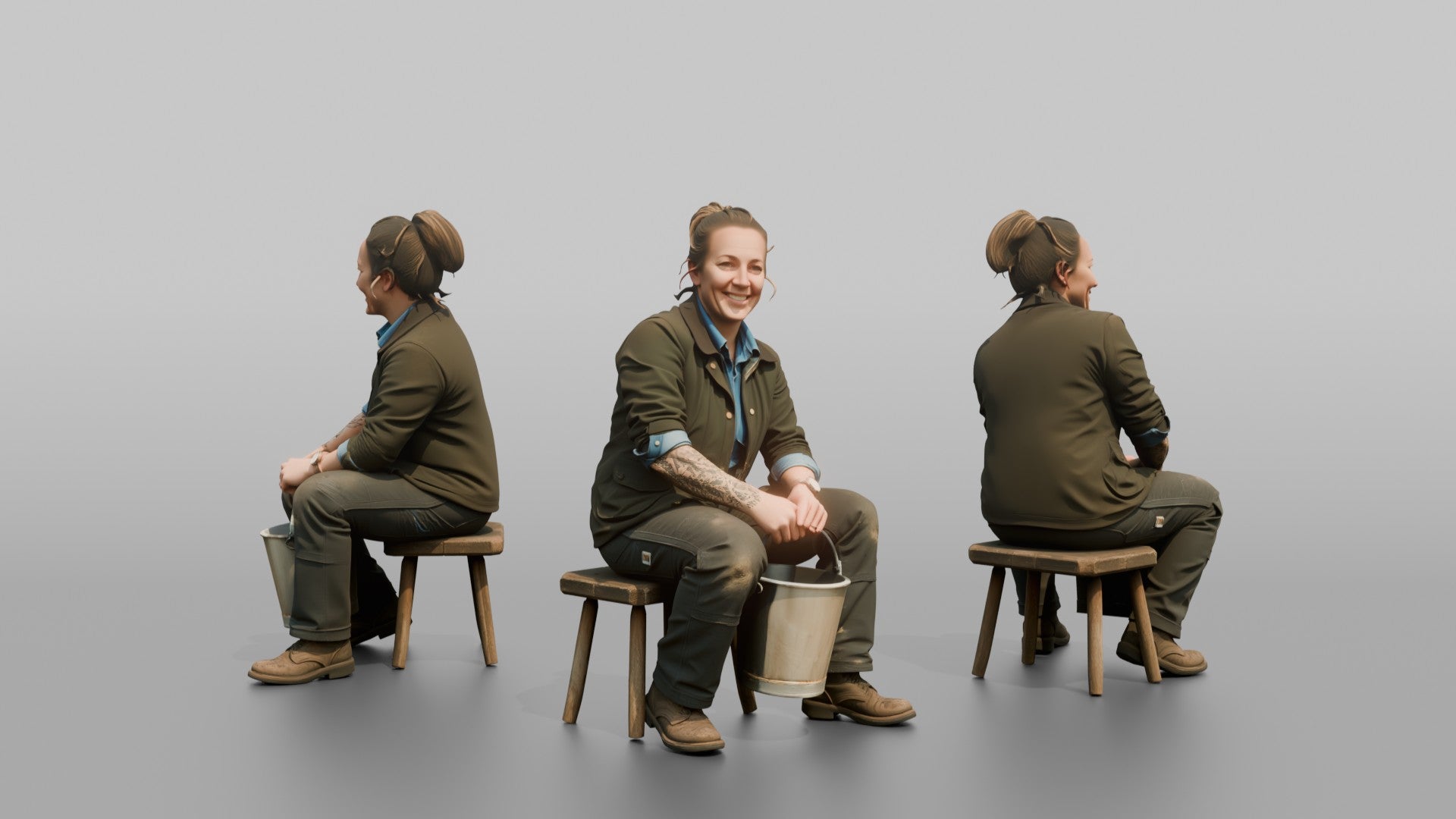 Farmer Sitting On Stool In Milking Position