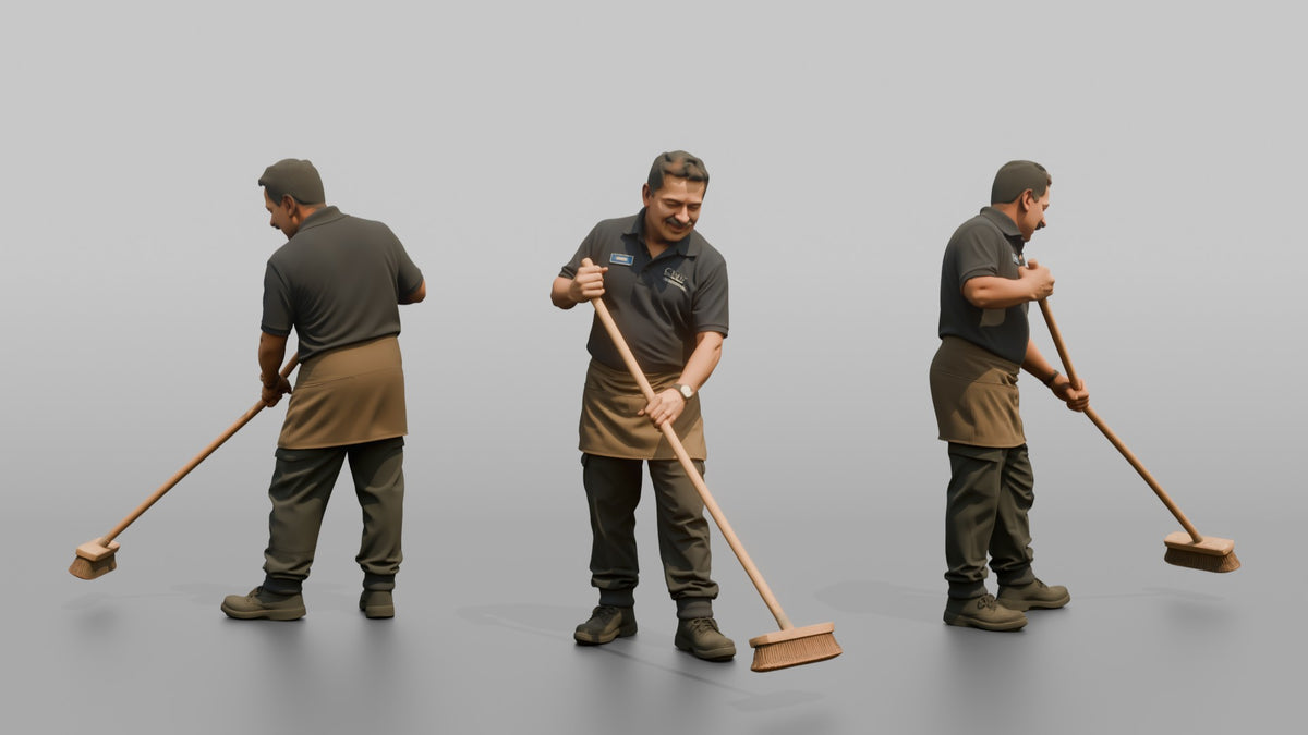 Man Store Employee Sweeping The Floor With A Broom - 3D character model, view 1