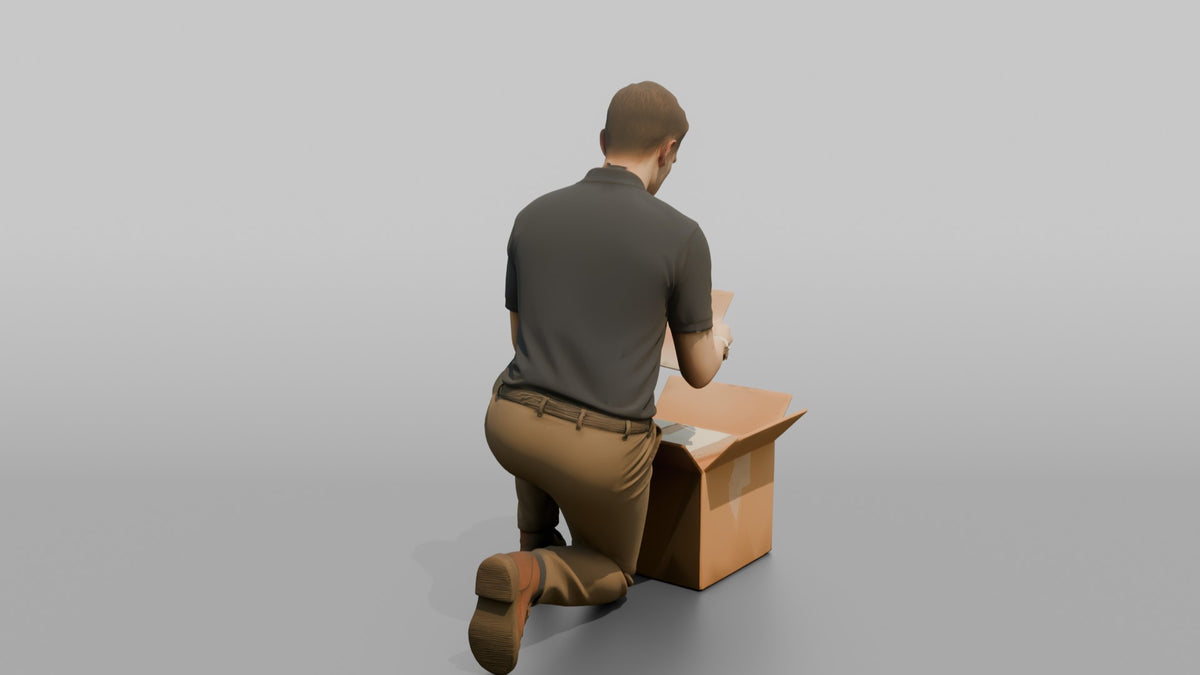 Man Stock Clerk Checking A Delivery Box Against A Packing Slip - 3D character model, view 3