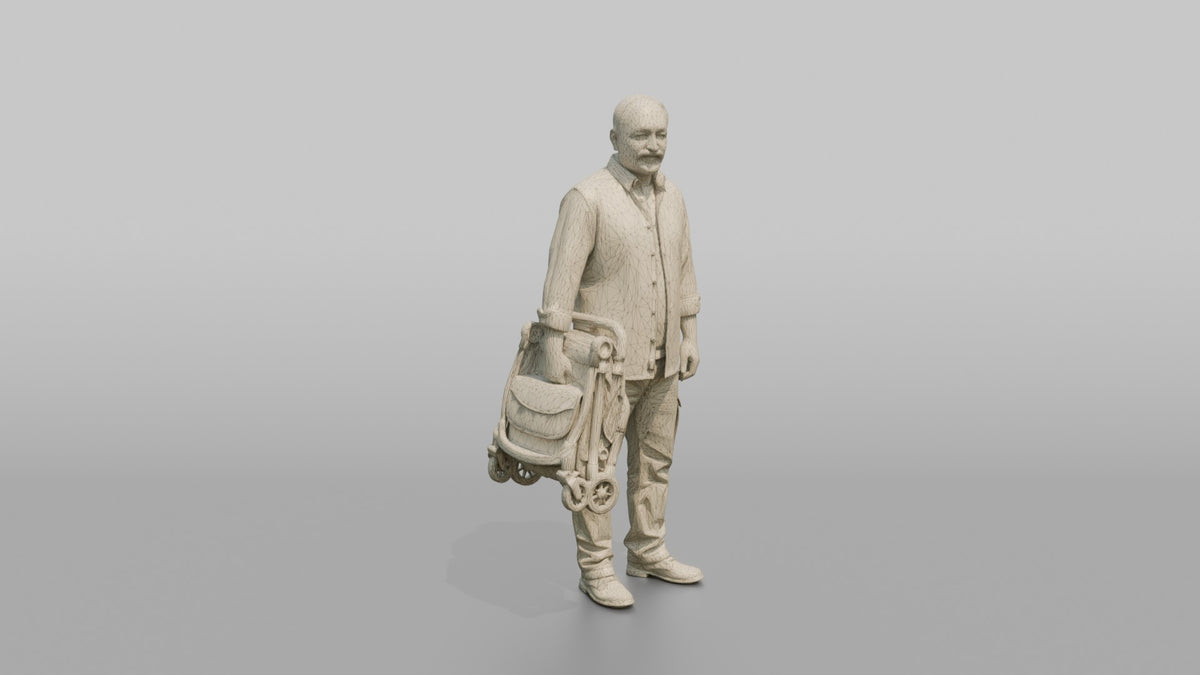 Father Carrying A Folded Stroller Tucked Under One Arm - wireframe topology preview