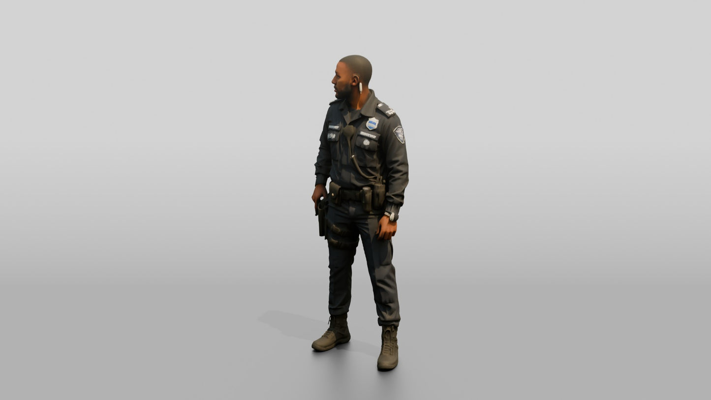 Slim Black Male Guard in a Navy Blue Tactical Uniform