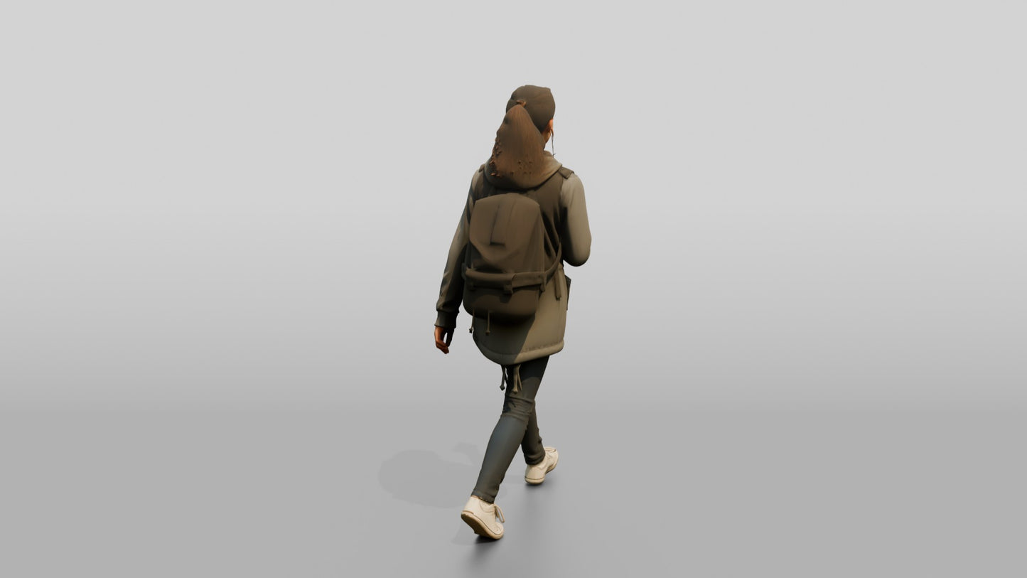 White Teen Girl Listening to Music in Grey Raincoat