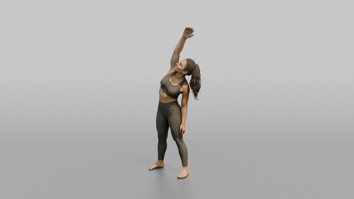 Fitness Influencer Woman Doing A Standing Side Stretch, One Arm Overhead - 3D character model, view 4