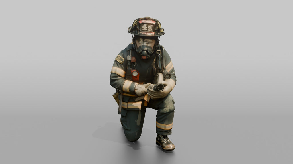 Firefighter Man Crouching in a Low Tactical Stance