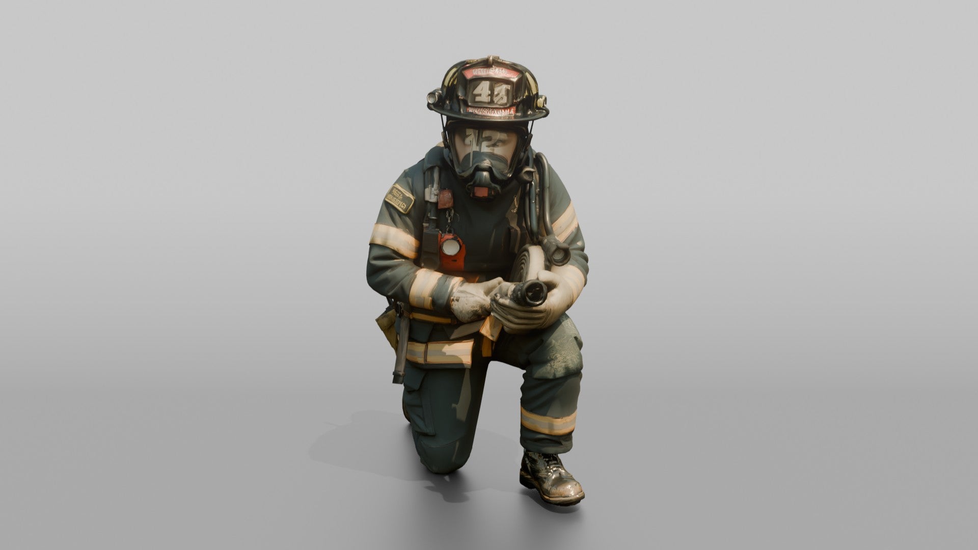 Firefighter Man Crouching in a Low Tactical Stance