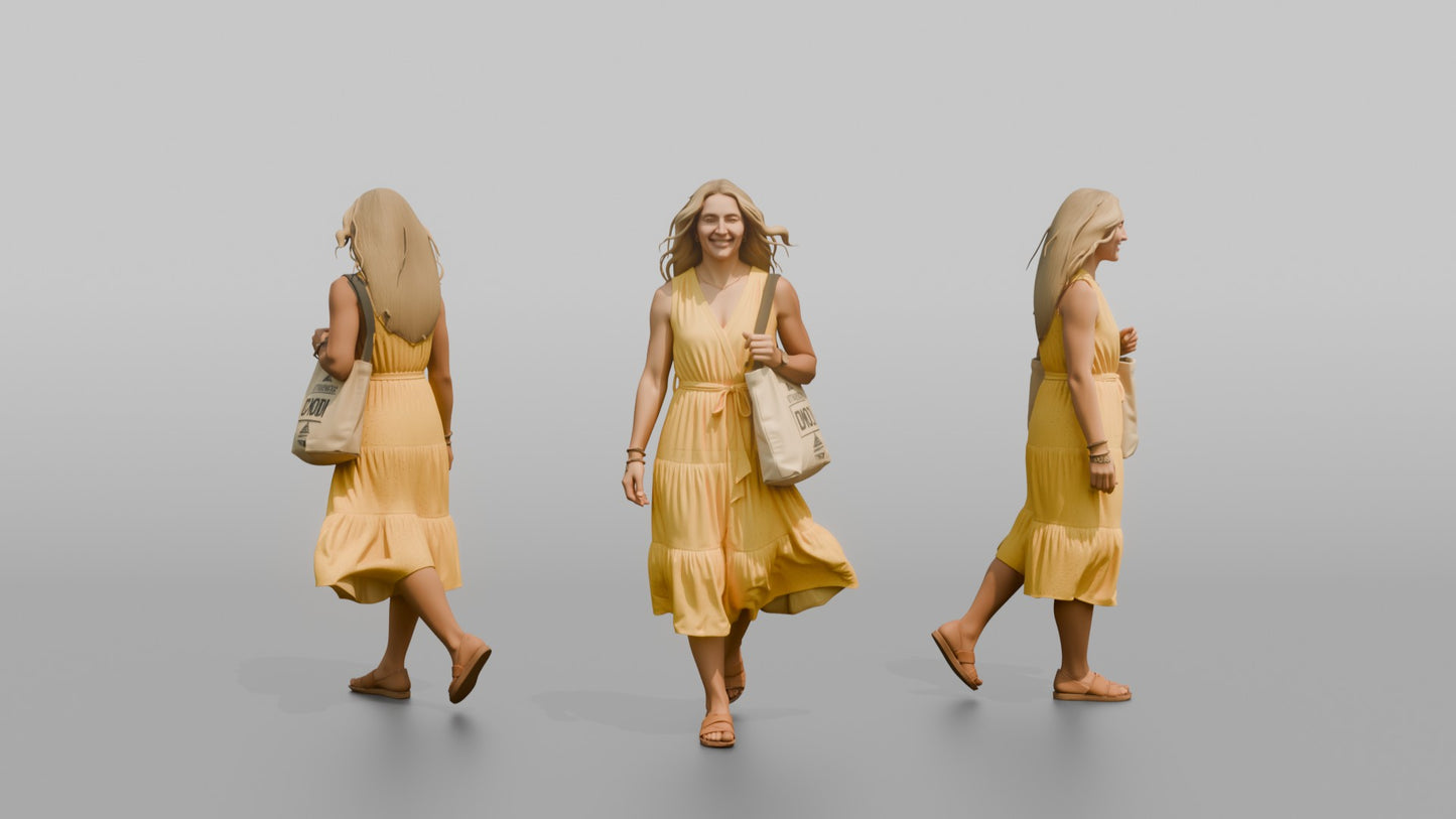 Scandinavian Woman Walking in a Yellow Summer Dress