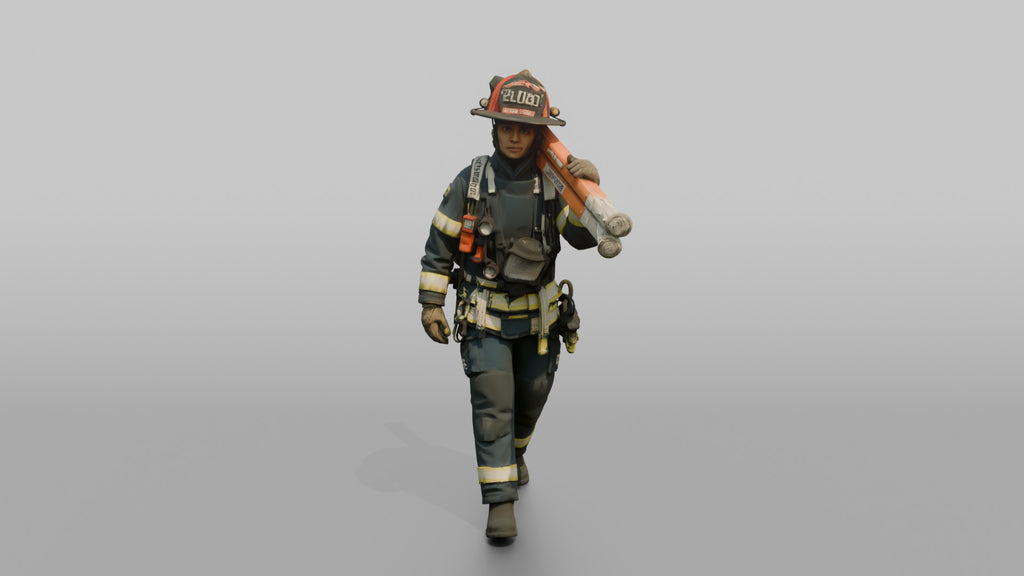 Firefighter Woman Carrying a Rescue Tripod Frame