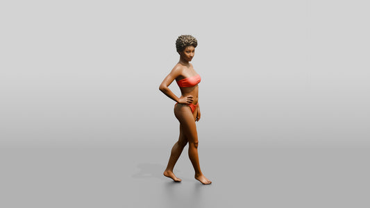 Black Woman in Red Two-Piece Swimsuit Hand on Hip - 3D character model, view 1