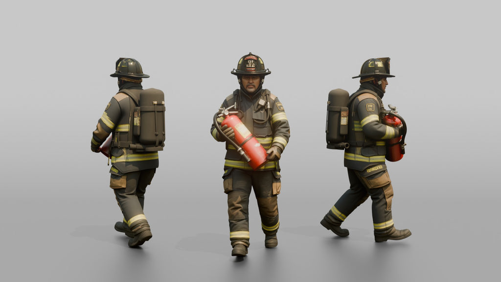 Firefighter Man Carrying a Heavy Foam Fire Extinguisher