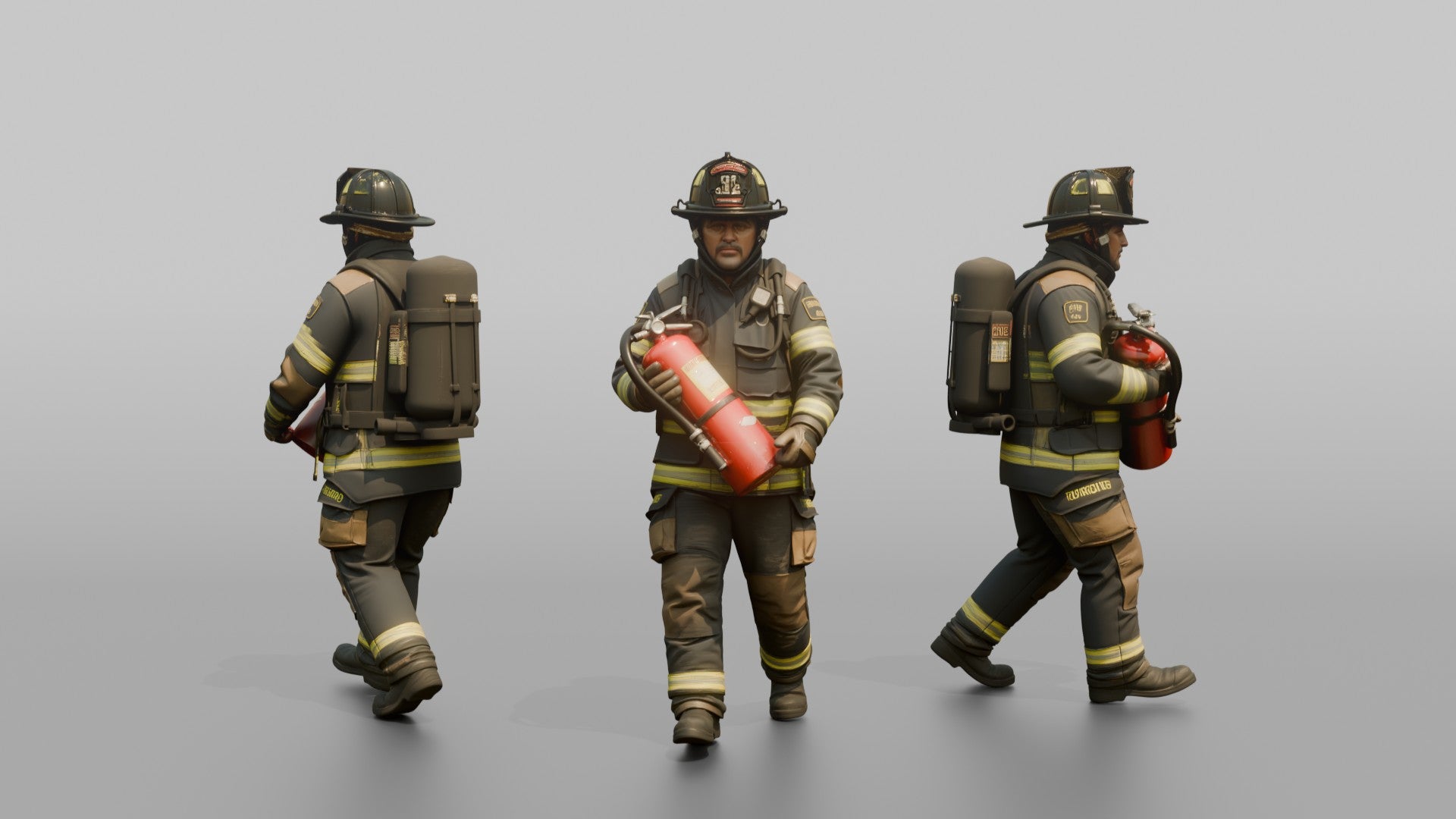 Firefighter Man Carrying a Heavy Foam Fire Extinguisher