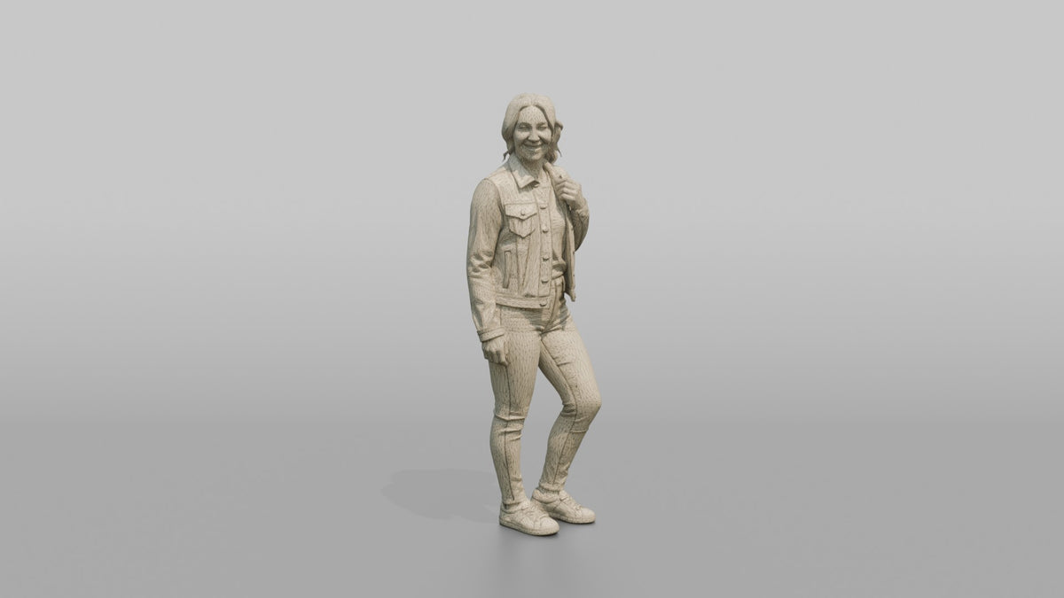 Woman Customer Trying On A Denim Jacket - wireframe topology preview