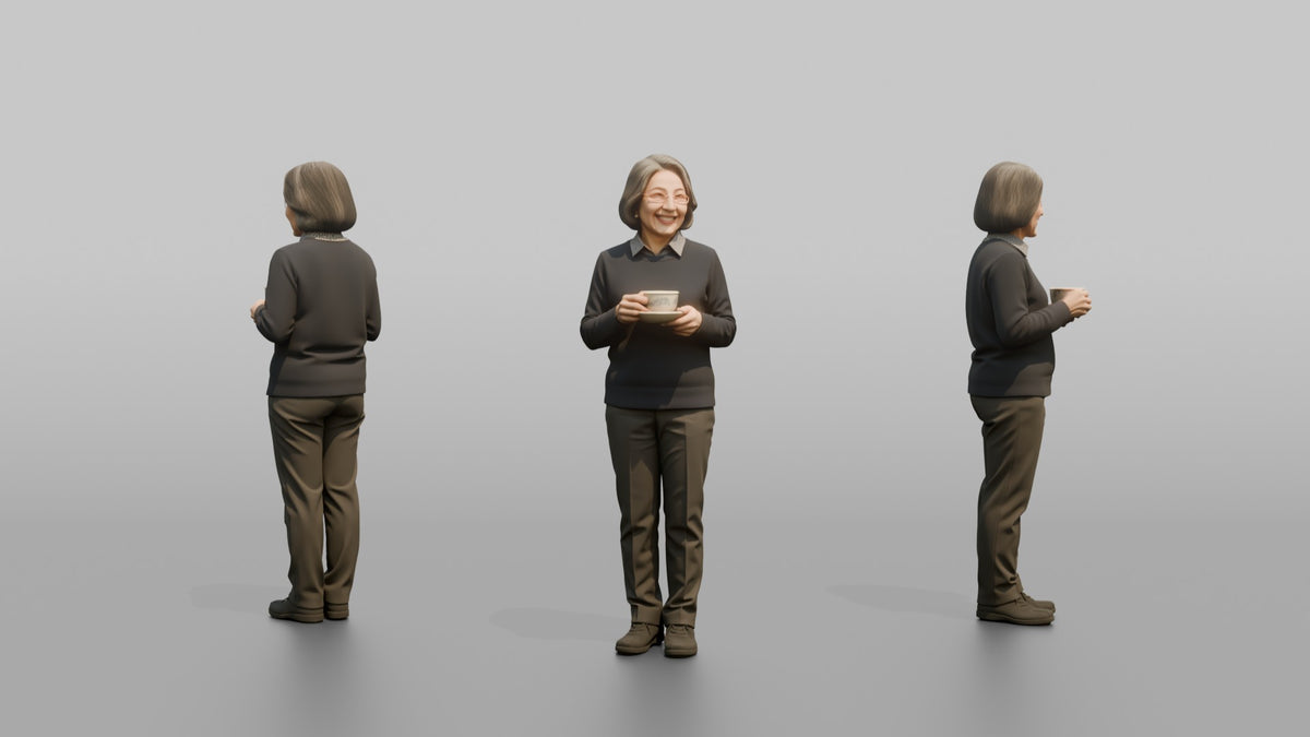 Grandmother Holding A Teacup And Saucer With Both Hands - 3D character model, view 1