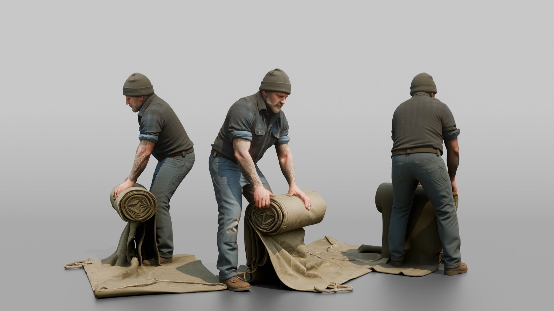 Farmer Unrolling Large Canvas Tarp