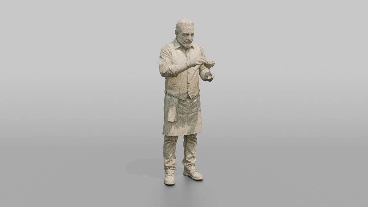 Bartender Man Garnishing A Cocktail With A Lime Wedge - wireframe topology preview