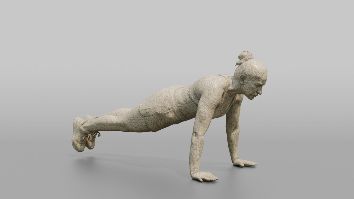 Bodyweight Athlete Woman Mid-burpee, Hands On The Ground - wireframe topology preview