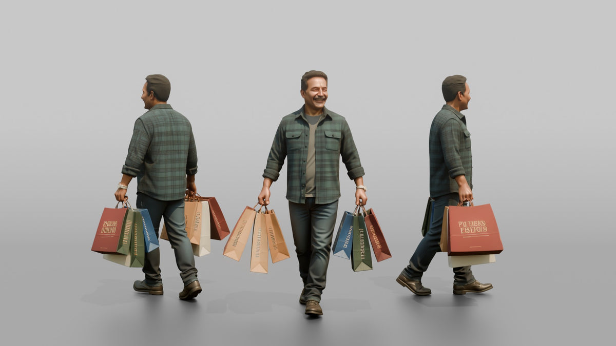 Man Customer Carrying Several Shopping Bags In Both Hands - 3D character model, view 1