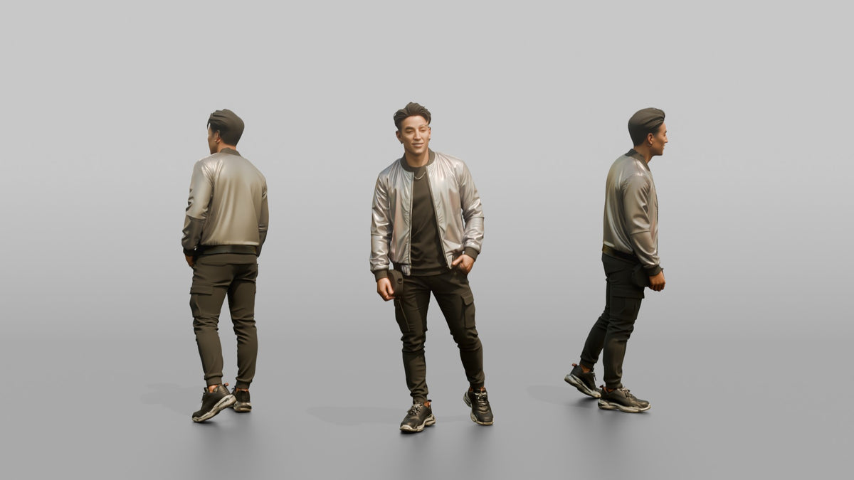 Patron Man Striking A Confident Pose In A Colorful Holographic Jacket - 3D character model, view 1