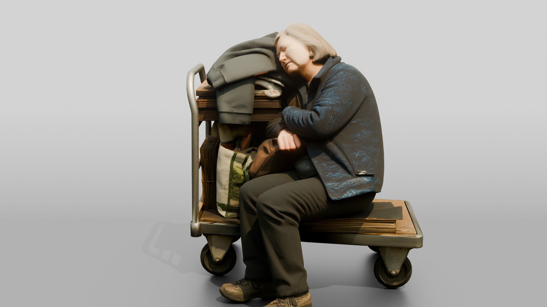 Homeless Woman Sleeping Resting Against a Stacked Cart