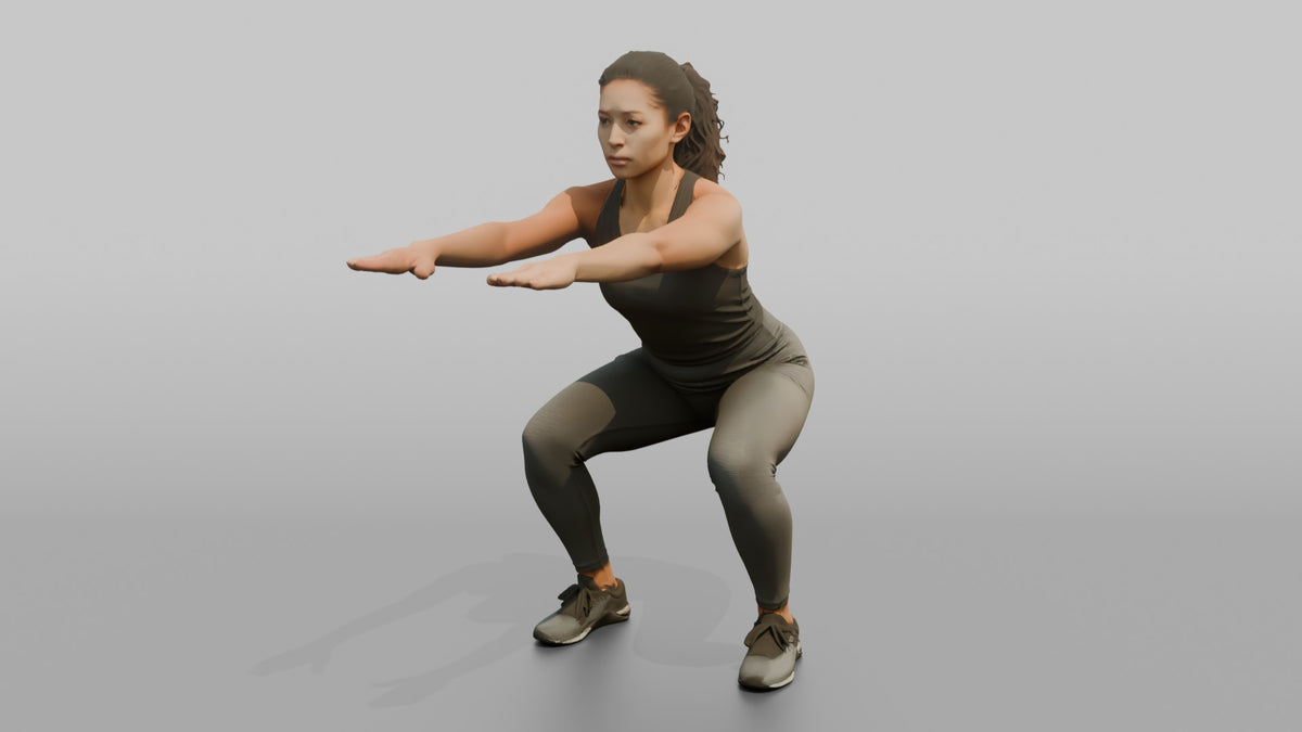 Bodyweight Athlete Woman Doing A Bodyweight Squat, Arms Extended Forward - 3D character model, view 5
