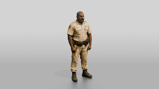 Thick Black Male Guard in a Khaki Guard Uniform - 3D character model, view 1