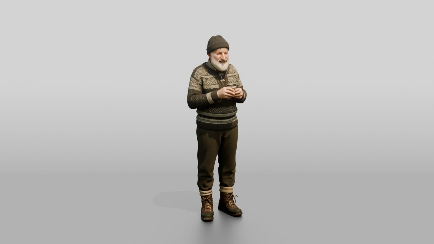 Elderly Norwegian Man Drinking Coffee on Bench