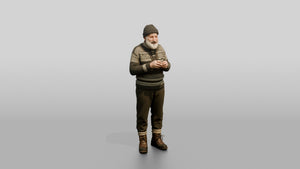 Elderly Norwegian Man Drinking Coffee on Bench - 3D character model, view 1