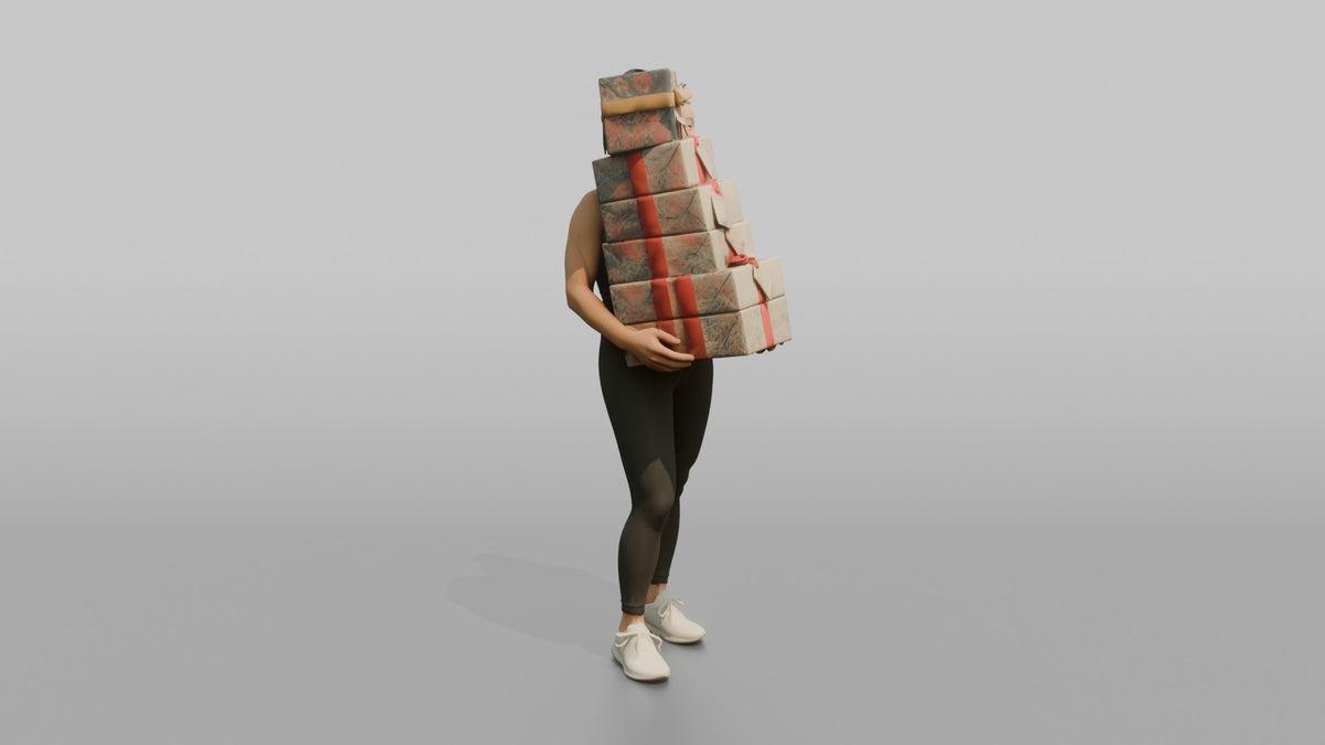 Mother Carrying A Stack Of Gift-wrapped Presents - 3D character model, view 2