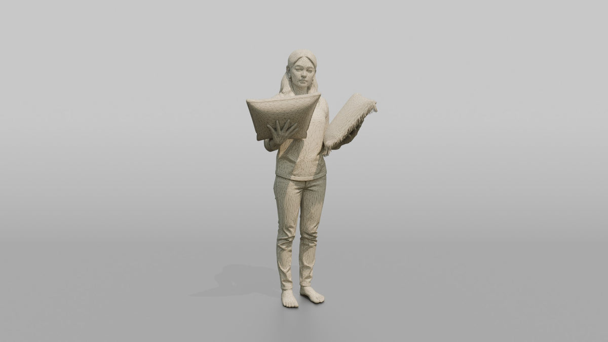 Woman Customer Comparing Two Throw Pillows Side By Side - wireframe topology preview