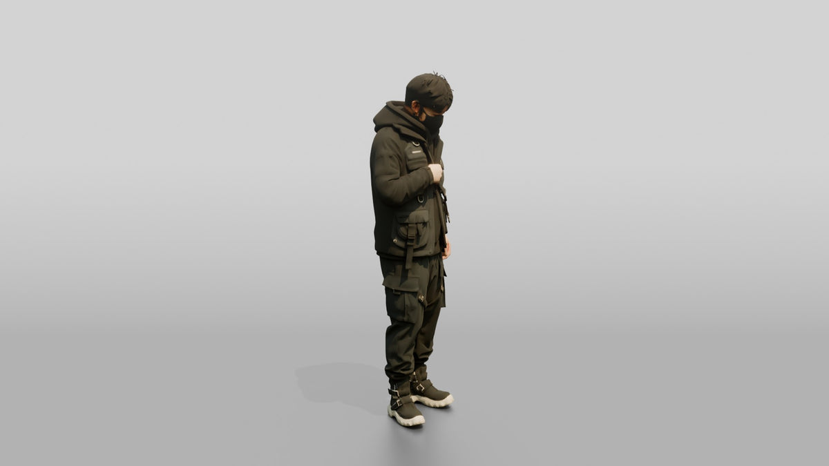 Techwear Man Zipping Up His Jacket - 3D character model, view 2