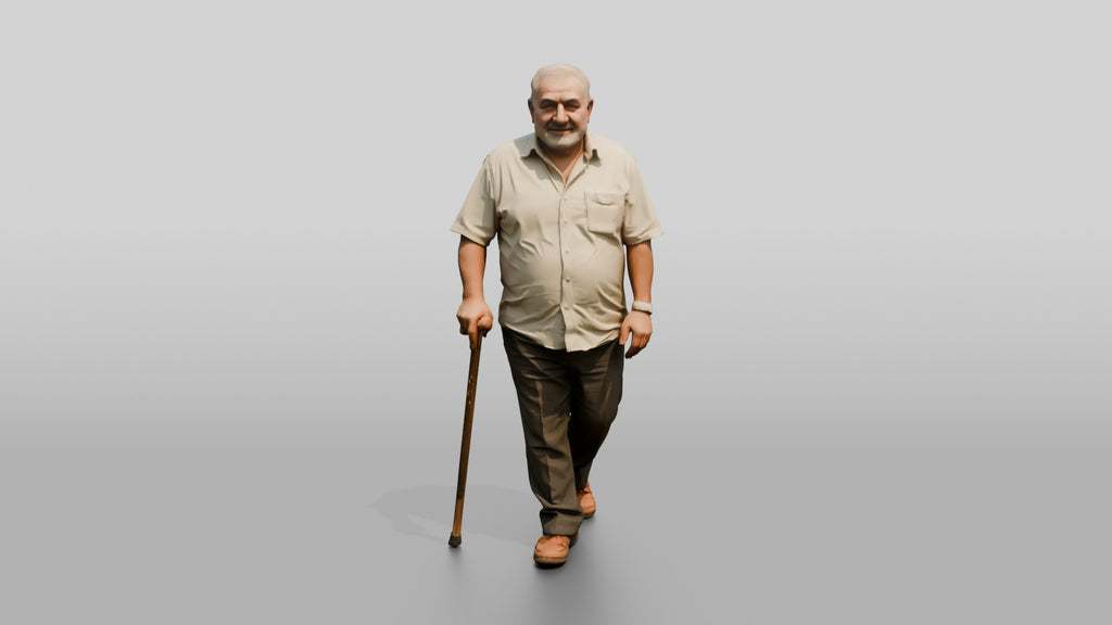 Elderly Stocky Syrian Man Walking with a Cane