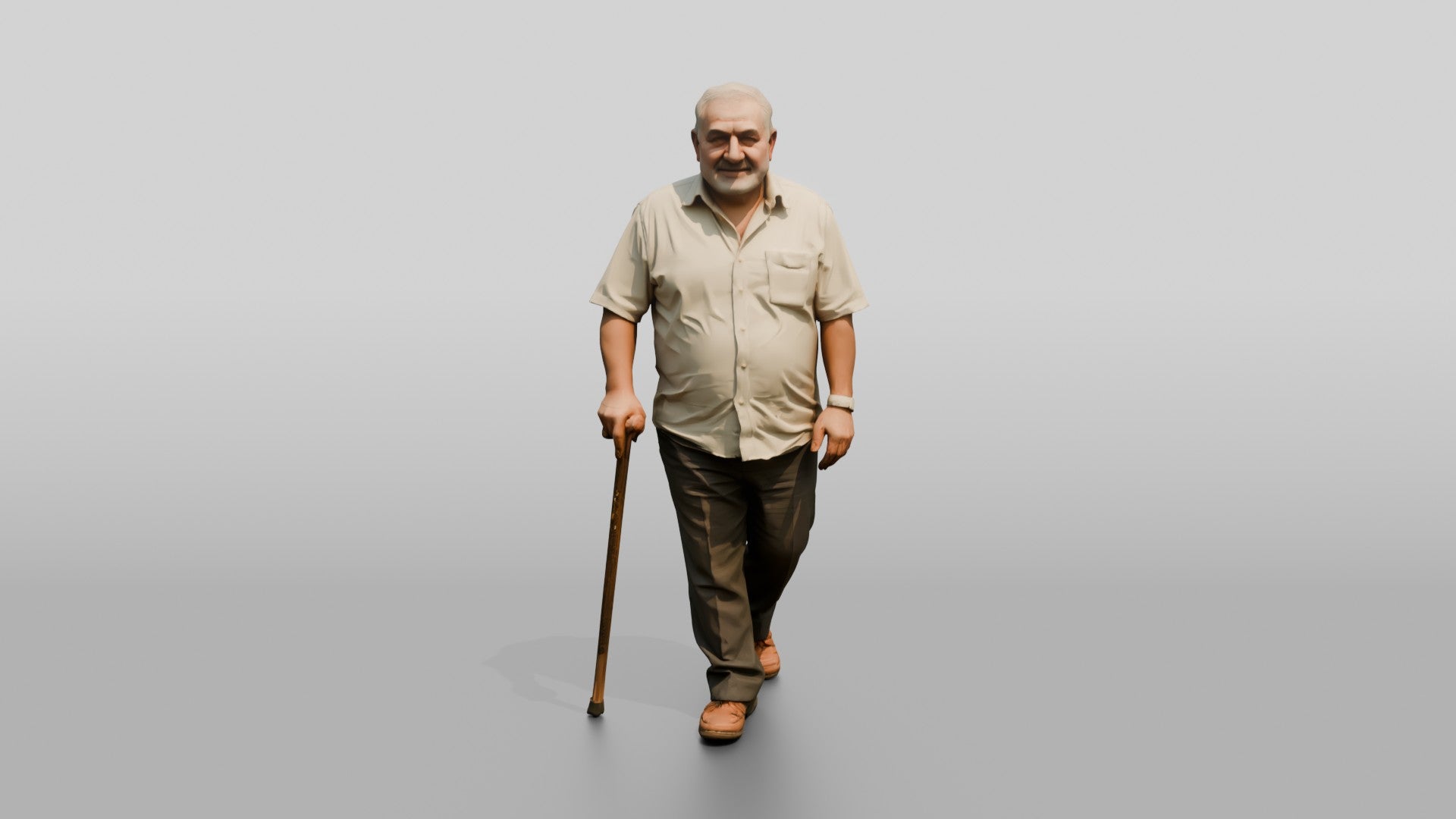 Elderly Stocky Syrian Man Walking with a Cane