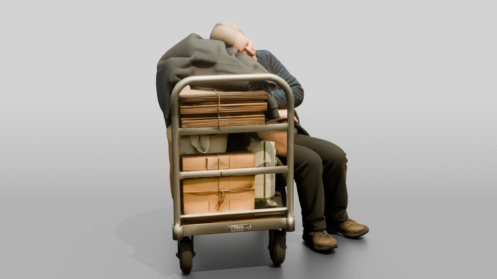 Homeless Woman Sleeping Resting Against a Stacked Cart