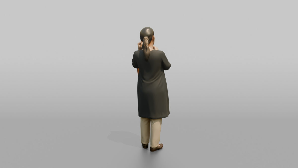 Woman Customer Examining The Price Tag On A Handbag - 3D character model, view 3