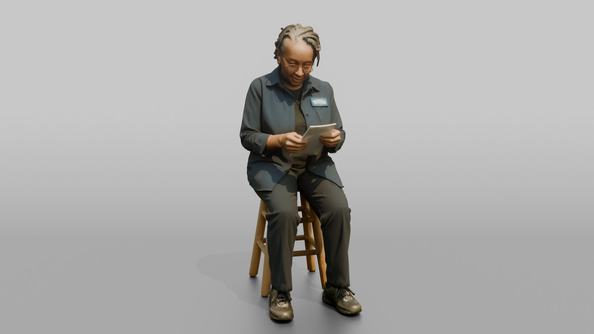 Woman Store Clerk Sitting On A Stool Reading A Receipt - 3D character model, view 5