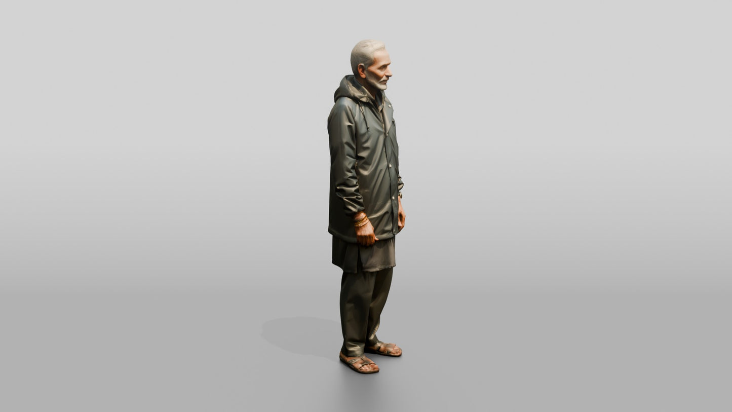 Elderly Indian Man Standing Calmly in the Rain
