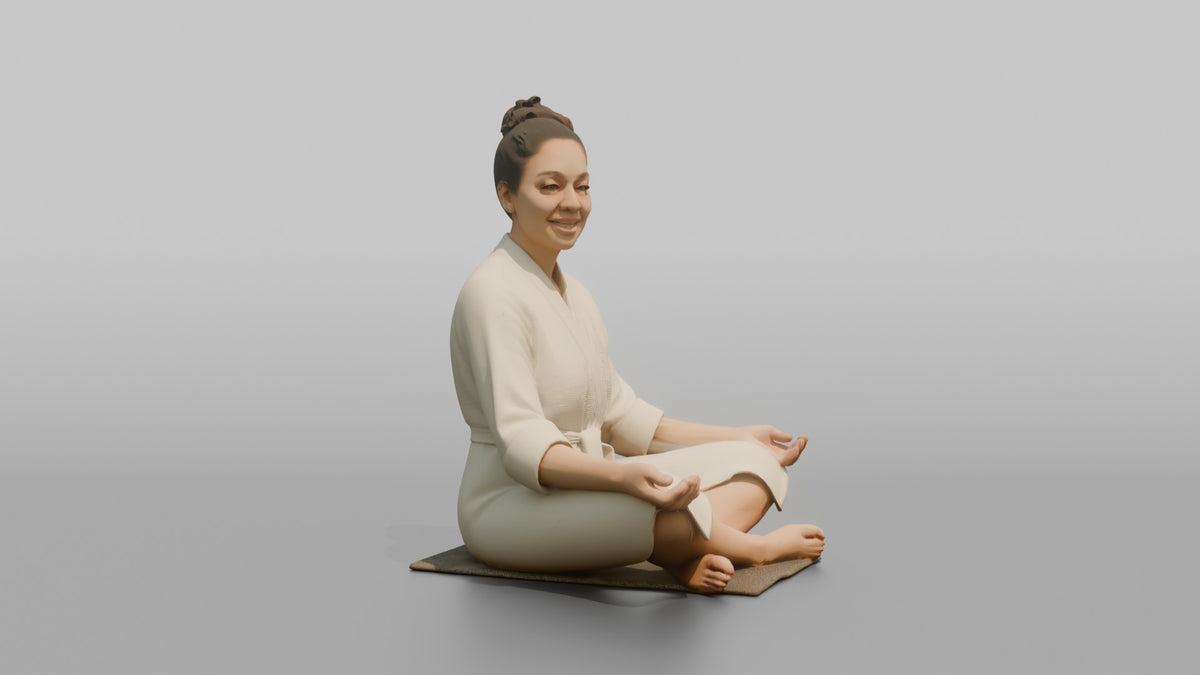 Spa Client Man Sitting Cross-legged On A Mat, Wearing A Spa Robe - 3D character model, view 2